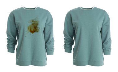 Önce kirli süveter, sonra kuru temizleme, sonra kolaj, beyaz arka plan.