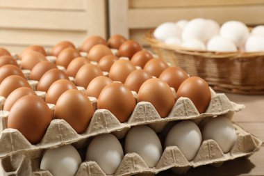 Different raw chicken eggs on table, closeup