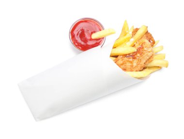 British Traditional Fish and chips with sauce isolated on white, top view
