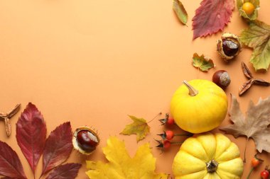 Flat lay composition with dry autumn leaves and pumpkins on pale orange background. Space for text