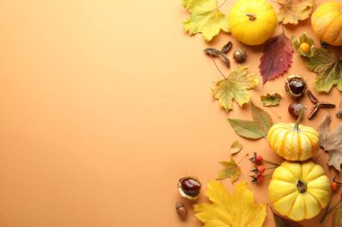 Flat lay composition with dry autumn leaves and pumpkins on pale orange background. Space for text