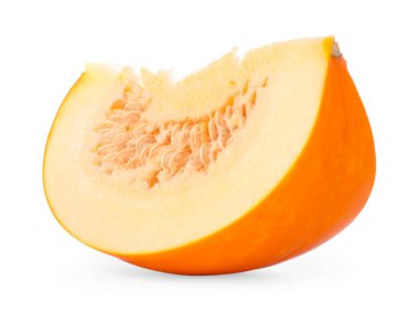 Piece of ripe pumpkin with seeds isolated on white