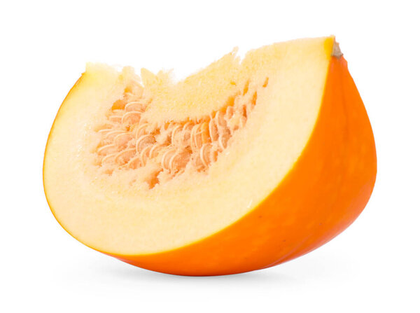 Piece of ripe pumpkin with seeds isolated on white
