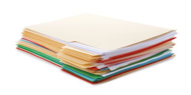 Stack of colorful folders with documents isolated on white