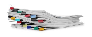 Stack of documents with binder clips isolated on white