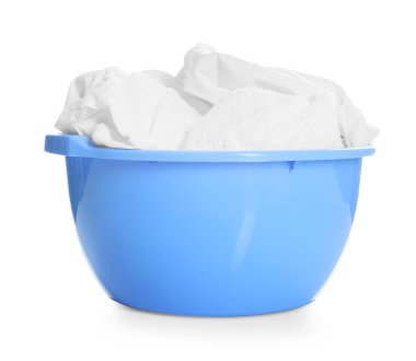 Plastic basin with laundry isolated on white