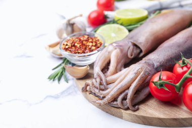 Fresh raw squids, tomatoes, lime slices and spices on white marble table, closeup. Space for text