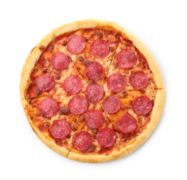 Lezzetli pepperonili pizza, beyaza izole edilmiş, üst manzara