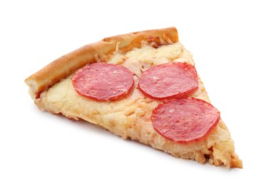 Piece of delicious pepperoni pizza isolated on white