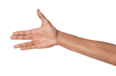 Beyaz arka planda hareket eden Afro-Amerikalı adam, yakın plan görüntüsü