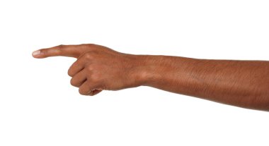 Afro-Amerikalı adam beyaz arka plan, closeup bir şey işaret