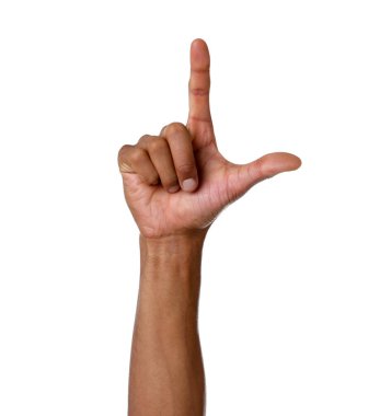 Afro-Amerikalı adam beyaz arka plan, closeup bir şey işaret