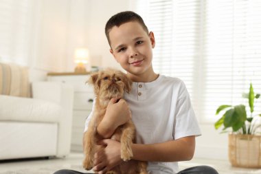 Evde şirin Griffon köpekli bir çocuk var. Evcil hayvan