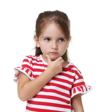 Cute little girl thinking on white background