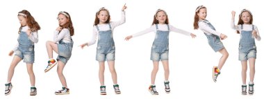 Beyaz arka planda dans eden sevimli bir çocuk. Portre Kolajı