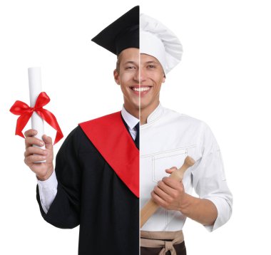 Meslek seçimi. İnsan portresi ikiye bölündü: bir tarafta lisansüstü öğrencisi, diğer tarafta şef. Beyaz arkaplan