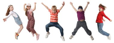 Beyaz arka planda dans eden sevimli çocuklar. Portre Kolajı