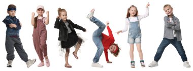 Beyaz arka planda dans eden sevimli çocuklar. Portre Kolajı