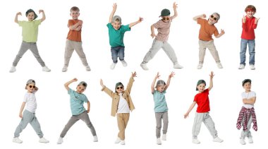 Beyaz arka planda dans eden mutlu çocuklar, kolaj