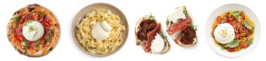 Beyaza izole edilmiş burrata peynirli farklı makarna, set. Üst görünüm