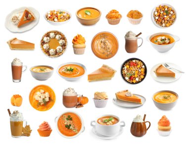 Collection of dishes, desserts and drinks made with pumpkin isolated on white