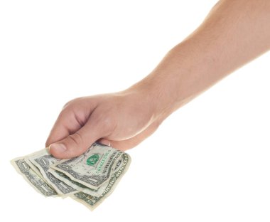 Beyaz arka planda dolar banknotları olan adam, yakın plan.