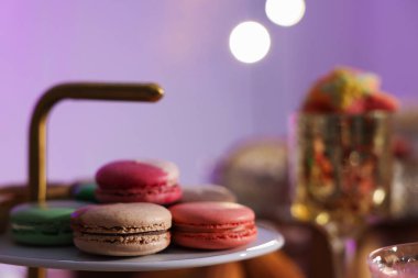 Buffet menu. Different delicious desserts on table, selective focus