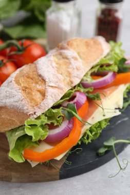 Prosciutto, peynir ve sebzeli nefis ciabatta sandviçi, yakın plan.