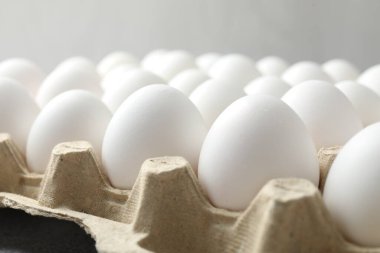 Yumurta kartonunda çiğ tavuk yumurtası, yakın plan.