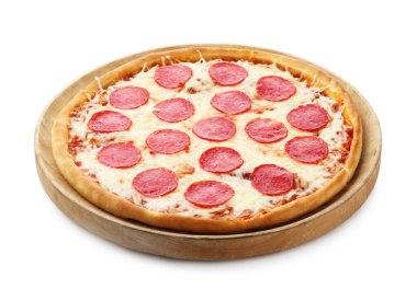 Delicious pepperoni pizza isolated on white. Tasty fast food