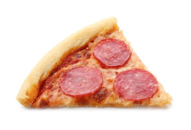 Piece of delicious pepperoni pizza isolated on white