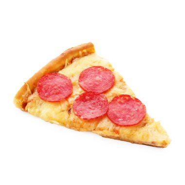 Piece of delicious pepperoni pizza isolated on white