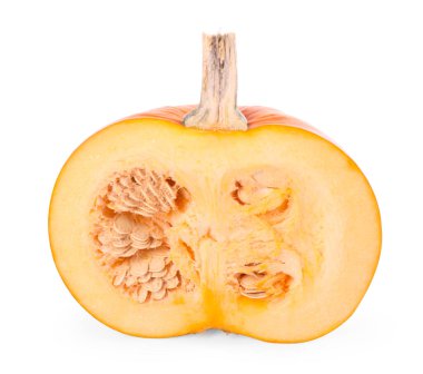 Half of ripe pumpkin with seeds isolated on white