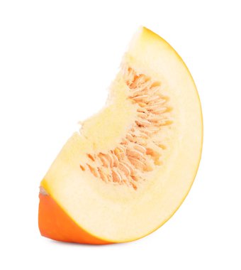 Piece of ripe pumpkin with seeds isolated on white