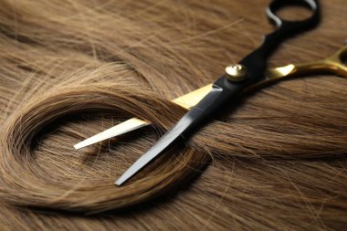 Güzel kahverengi saçlı makas, yakın plan.