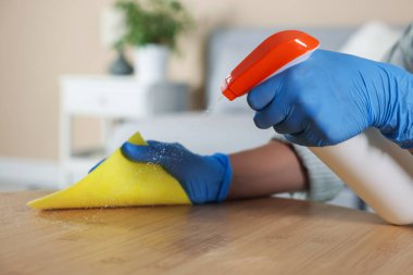 Kadın temizlik ürünlerini spreylerken ahşap masayı bez parçasıyla temizliyor.