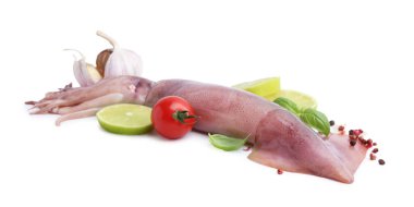 Fresh raw squid, tomato, lime slices and spices isolated on white