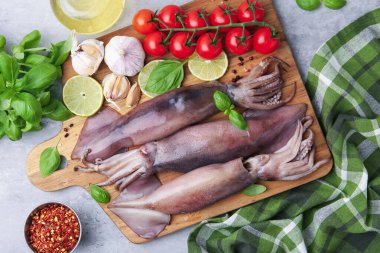 Fresh raw squids, tomatoes, lime and spices on grey table, flat lay