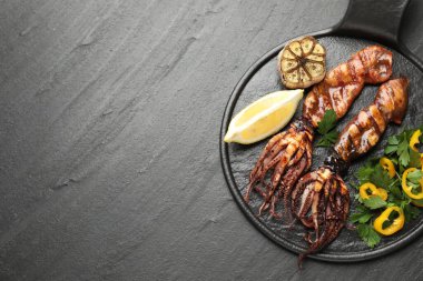 Tasty cooked squids served with lemon, garlic and salad on black table, top view. Space for text