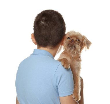 Beyaz arka planda sevimli bir Griffon köpeği olan çocuk. Evcil hayvan