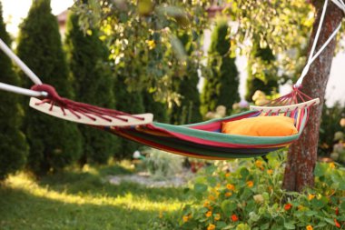 Comfortable cushion on colorful hammock in garden
