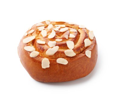 Tasty roll bun with almond flakes isolated on white