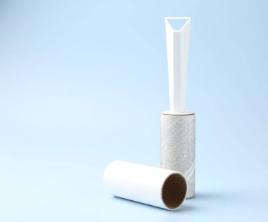 Lint roller with used sticky tape and new adhesive roll on light blue background, space for text