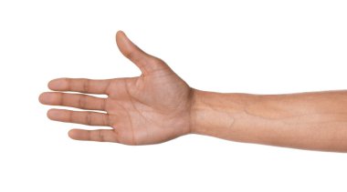 Beyaz arka planda avuç içi gösteren Afro-Amerikalı adam, yakın plan.