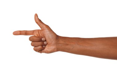 Afro-Amerikalı adam beyaz arka plan, closeup bir şey işaret