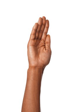 Afro-Amerikalı adam beyaz arka planda beşlik çakıyor, yakın plan.