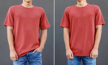 Gri arka plana karşı tişörtlü genç adam, yakın plan. Kolaj