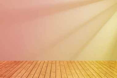 Sunlit wooden floor against color gradient wall. Space for design