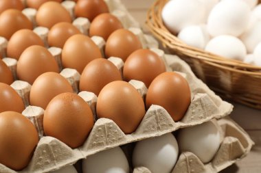 Different raw chicken eggs on table, closeup