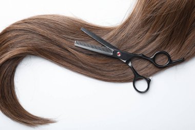 Beyaz zemin üzerinde güzel kahverengi saç kilidi ve makas, üst görünüm